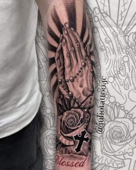 Floral Praying Hands with Rosary Sleeve Tattoo