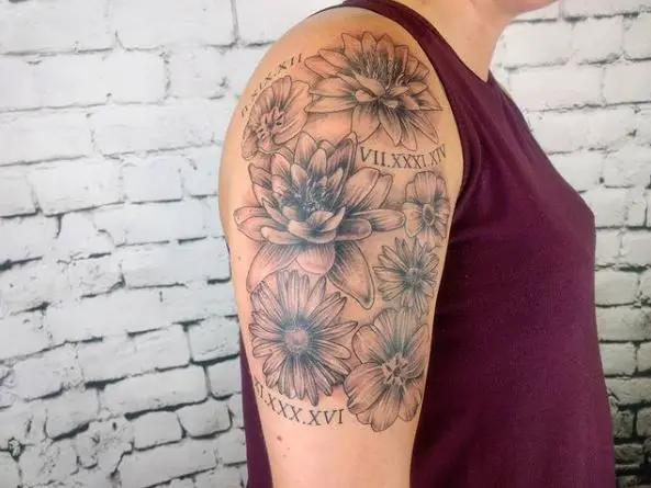 Flowers with Roman Numbers Arm Tattoo