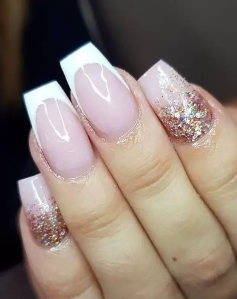 French Tip Coffin Nails with Rose Gold Glitter