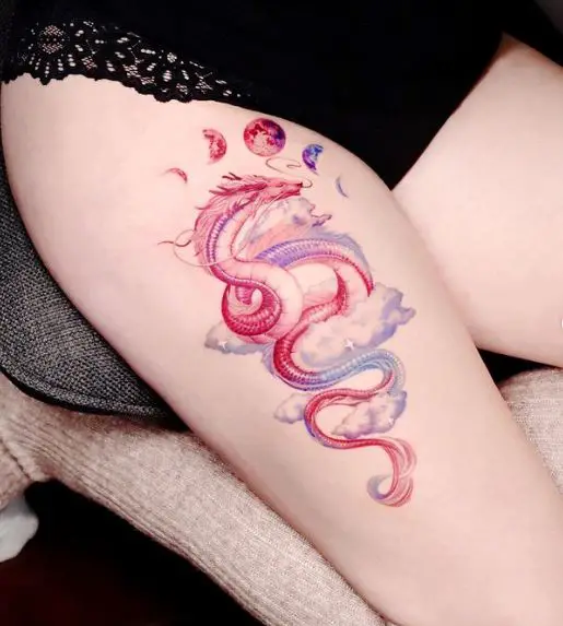 Galaxy Theme Dragon Thigh Tattoo