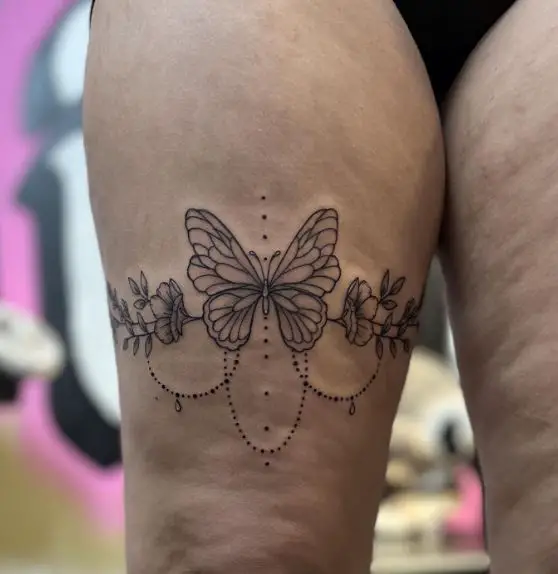 Grey Butterfly Full Thigh Wrap Around Tattoo Piece