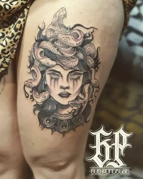 Grey Colored Medusa Thigh Tattoo Piece