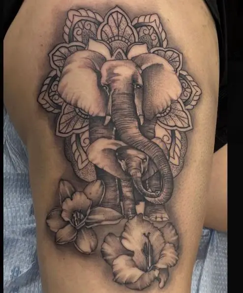 Grey Elephant Mandala Thigh Tattoo