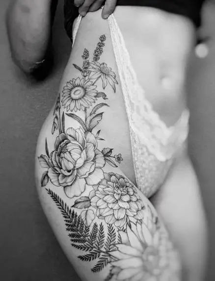 Grey Flowers and Fern Leaves Tattoo Piece