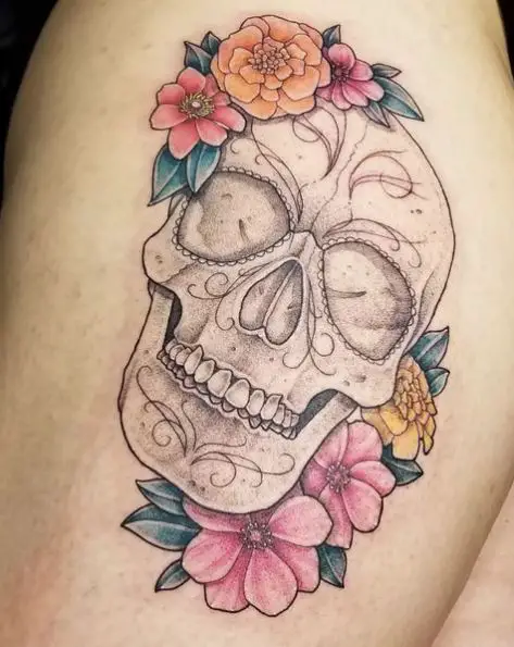 Grey Skull and Colorful Florals Tattoo