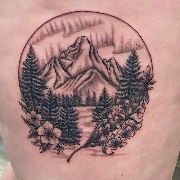 Greyish Mountain, Plant and Flowers Tattoo Piece