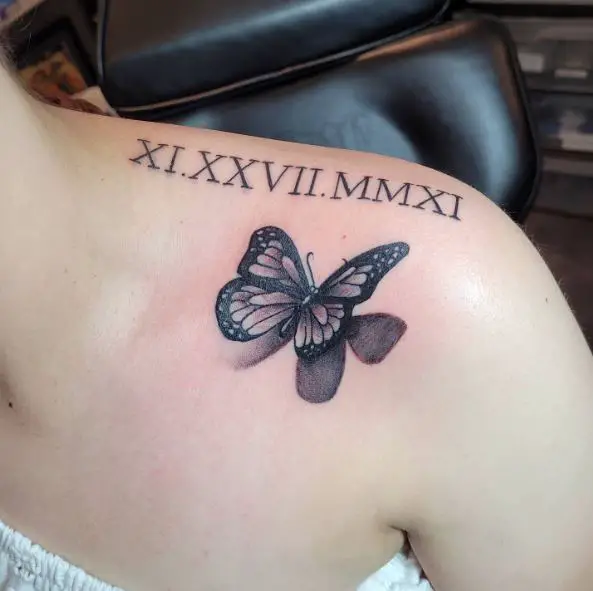 Greyscale Butterfly and Roman Numbers Shoulder Tattoo