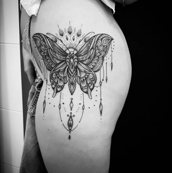 Greyscale Decorative Butterfly Thigh Tattoo