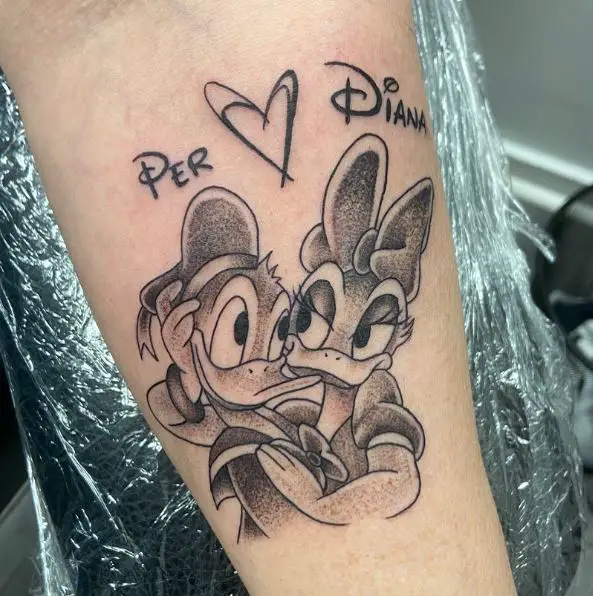 Greyscale Donald Duck Love Tattoo