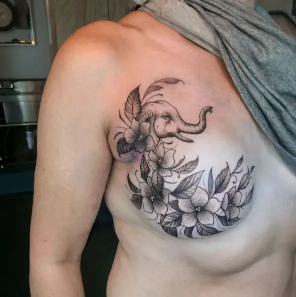 Greyscale Flowers and Elephant Breast Tattoo