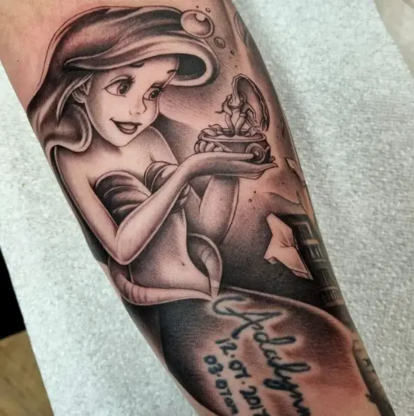 Greyscale Little Mermaid Sleeve Tattoo