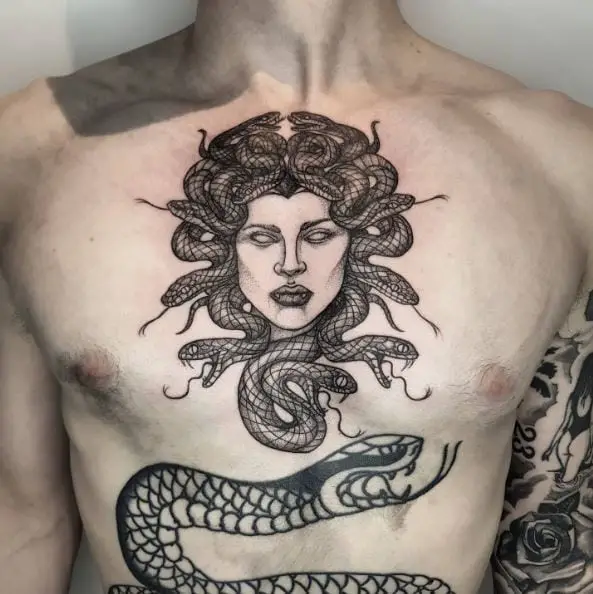 Greyscale Medusa Chest Tattoo Piece
