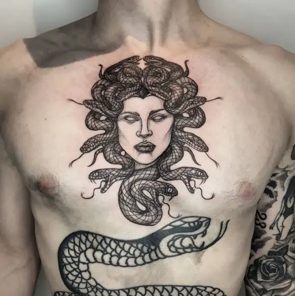 Medusa on the sternum done by me in San Francisco  IG brittnaami  r tattoo