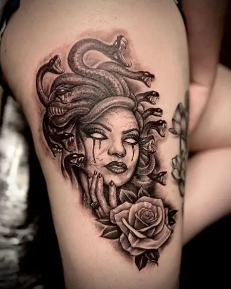 Greyscale Medusa and Rose Thigh Tattoo Piece