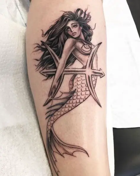 Greyscale Pisces Mermaid Tattoo