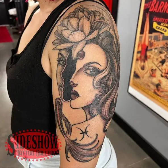 Greyscale Pisces Woman Face Arm Tattoo