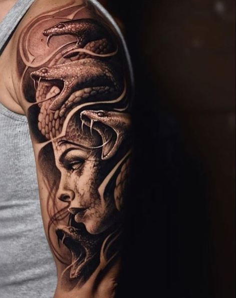 Greyscale Portrait Medusa Arm Tattoo