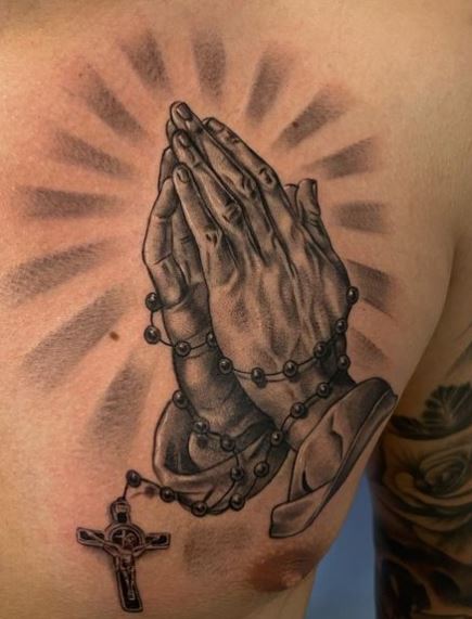 Greyscale Praying Hands with Rosary Chest Tattoo
