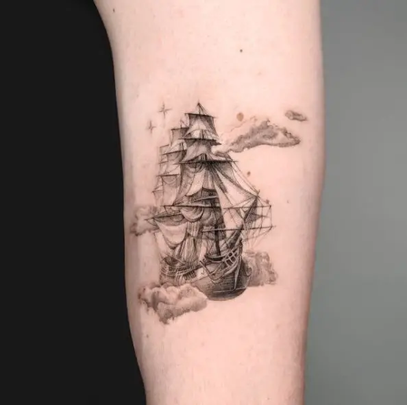 Greyscale Sailing the Sky Tattoo Piece