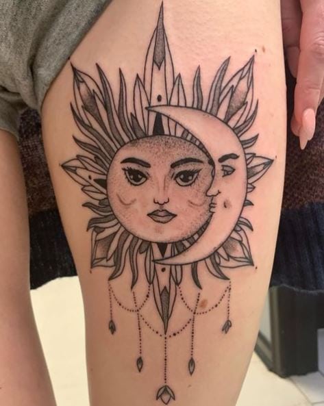 Greyscale Sun and Moon Thigh Tattoo
