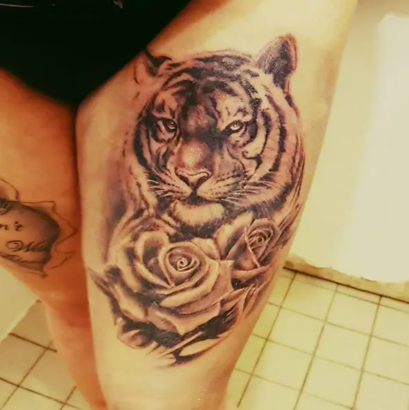 Greyscale Tiger and Rose Thigh Tattoo Piece