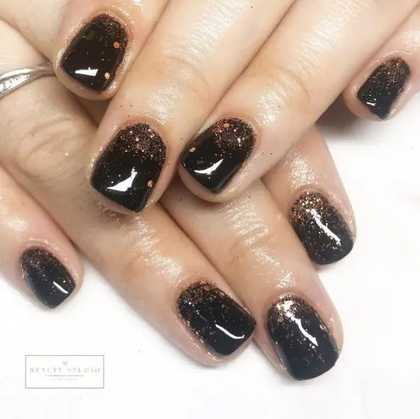 Jet Black Nails with Rose Gold Glitter Gradient Art