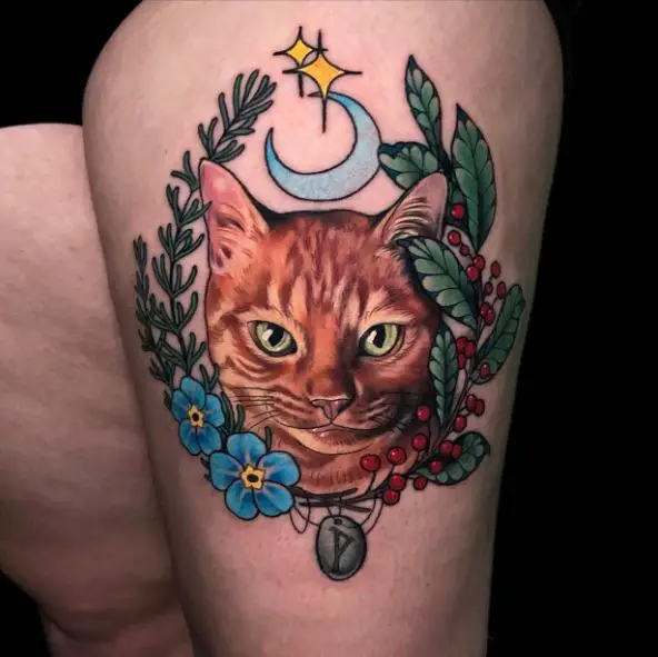 Kitty Memorial Portrait Tattoo with Forget Me Nots Florals