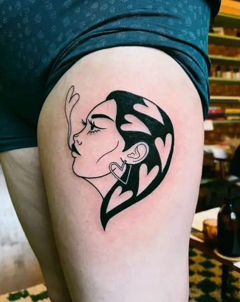 Lady Face Heart Thigh Tattoo Piece