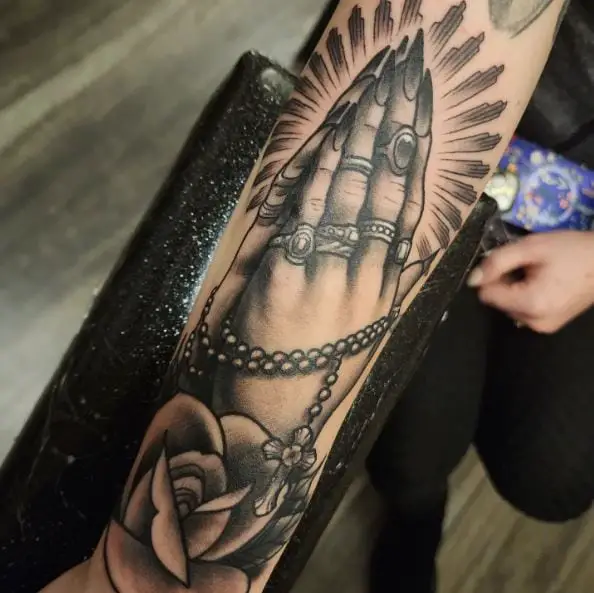 Lady Praying Hands with Halo Tattoo Piece