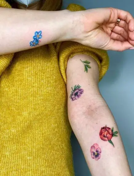 Leaf, Anemone, Pansy, Peony and Forget Me Not Floral Tattoo