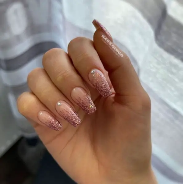 Light Pink Nails with Rose Gold Glitter