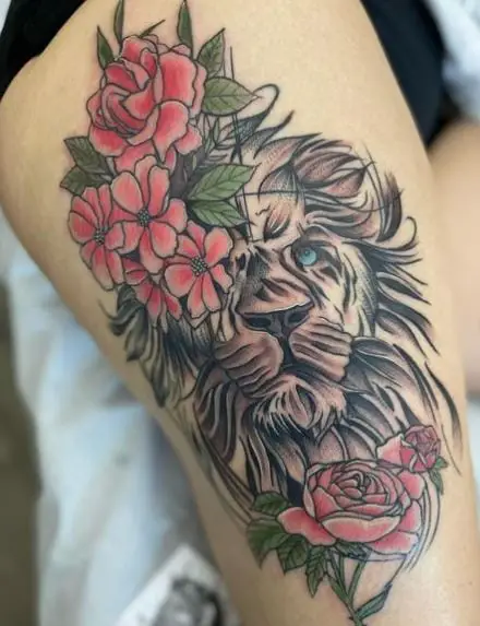 Lion Face and Pink Flowers Thigh Tattoo
