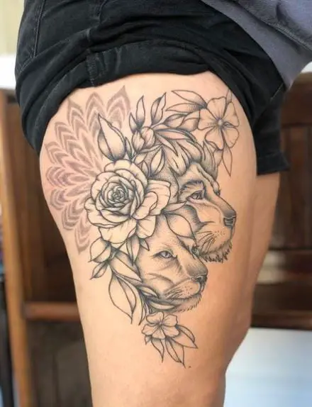 Lion and Lioness Floral Thigh Tattoo Piece
