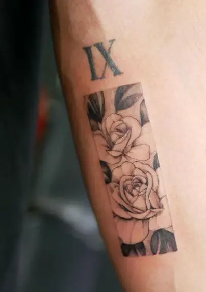 Matching Rectangle Peony with Roman Number Tattoo