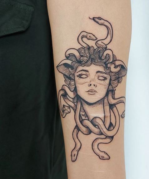 Medusa Black Line Tattoo Piece