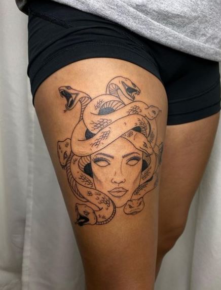 Medusa Black Line Thigh Tattoo