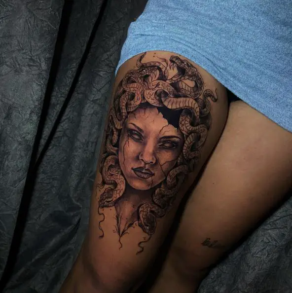 Medusa Head Thigh Tattoo