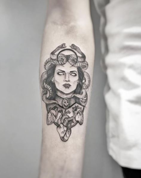 Medusa Tattoo With Three Organ Hearts