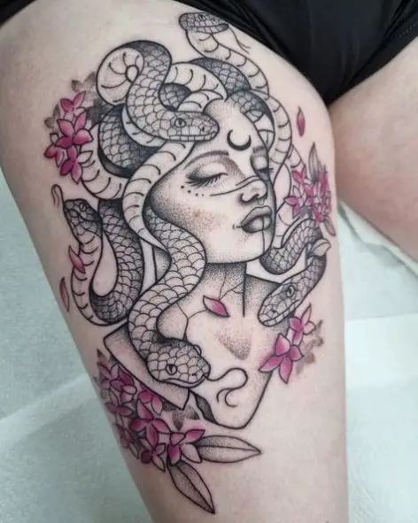 Medusa with Moon and Pink Florals Tattoo Piece
