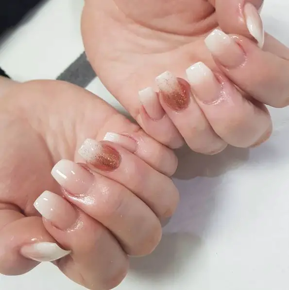 Milky White Ombre and Rose Gold Glitter Nails