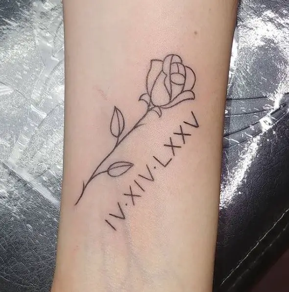 Minimalistic and Delicate Rose and Roman Numbers Tattoo