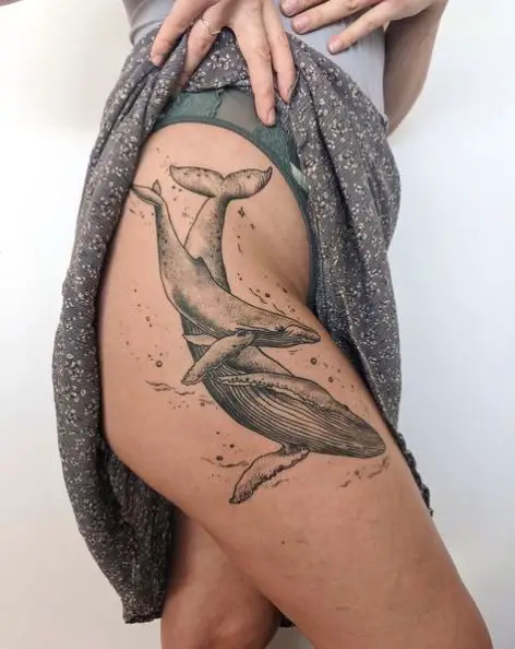 Mother and Baby Humpback Whale Thigh Tattoo