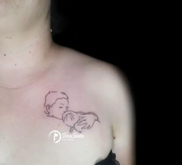 Mother and Baby Line Art Chest Tattoo