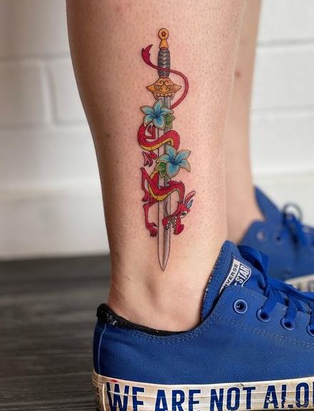 Mushu, Sword and Flowers Ankle Tattoo