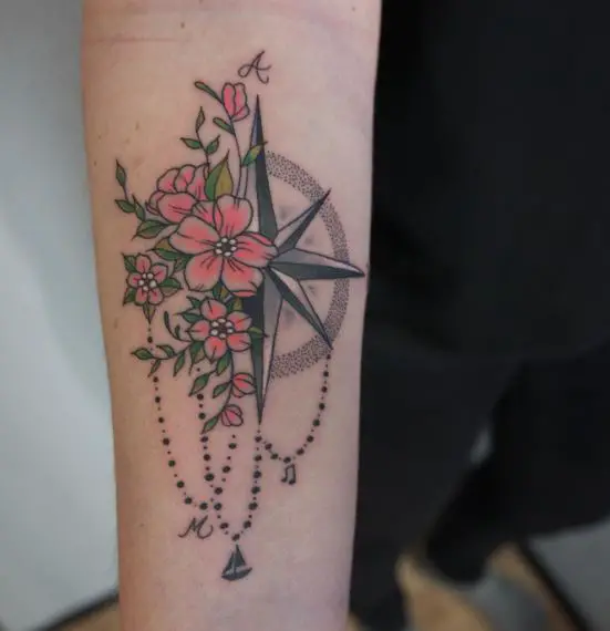 Nautical Star with Flowers Tattoo Piece