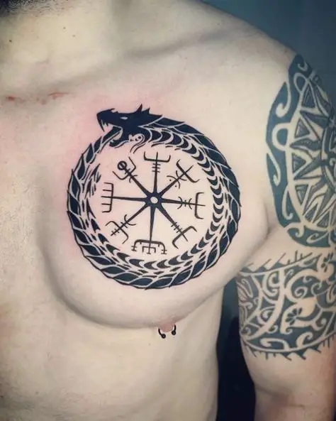 Norse Symbol and Dragon Ouroboros Chest Tattoo