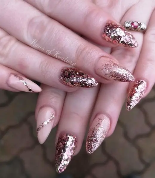 Nude Nails with Heavy Rose Gold Glitter Coating