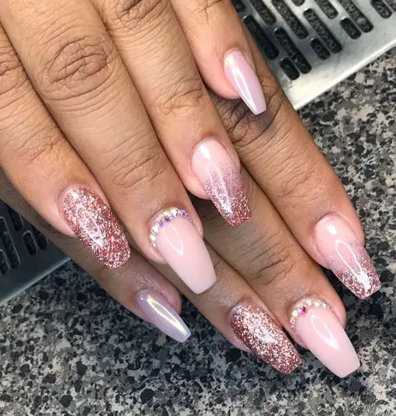 Nude Pink Nails and Rose Gold Glitter