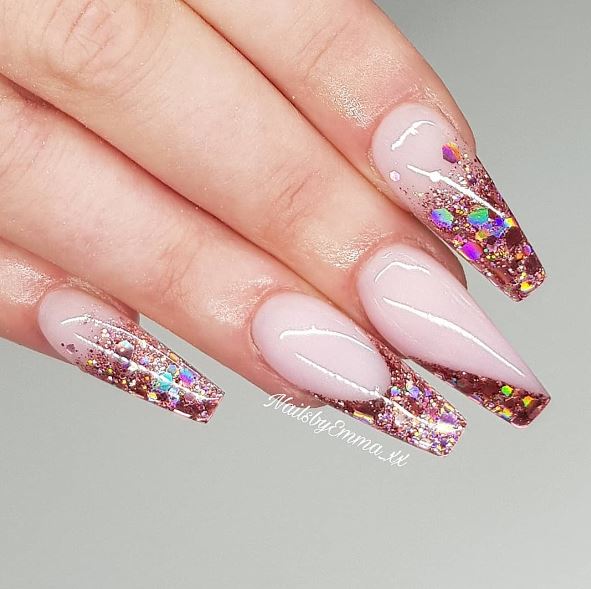 Nude Pink Nails with Rose Gold Glitter Tips