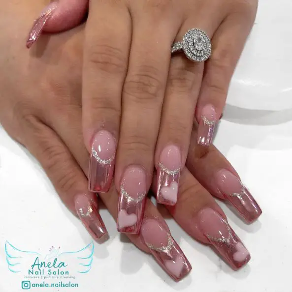 Nude Pink Nails with Rose Gold and Heart Shape Tips